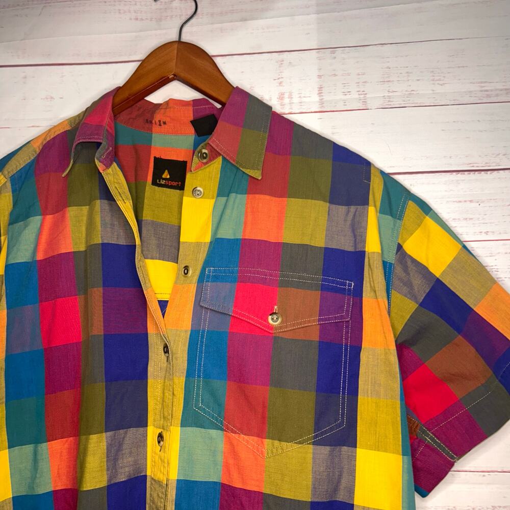 Vintage Liz Sport Multi Color Plaid Short Sleeve Button Up Women's Size Medium - Picture 4 of 5